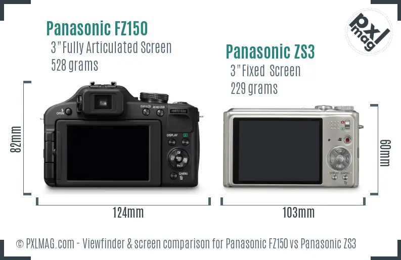 Panasonic FZ150 vs Panasonic ZS3 Screen and Viewfinder comparison