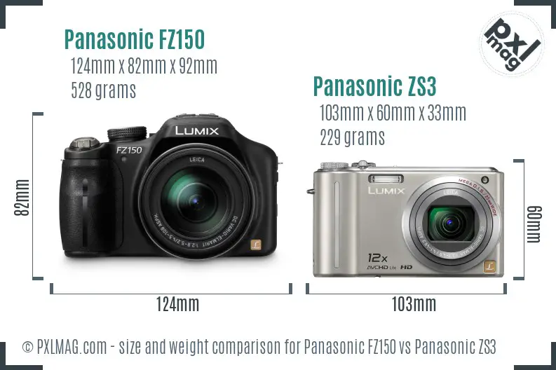 Panasonic FZ150 vs Panasonic ZS3 size comparison