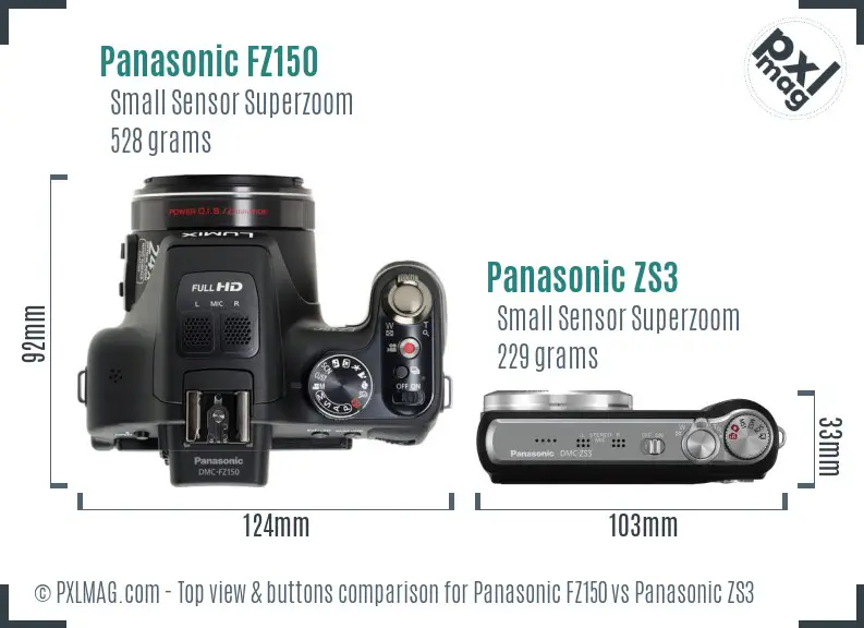 Panasonic FZ150 vs Panasonic ZS3 top view buttons comparison