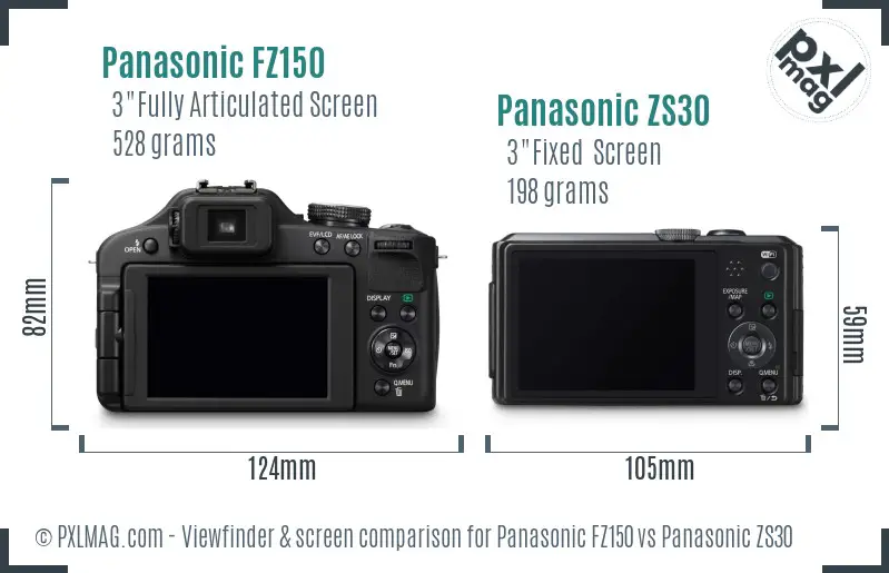 Panasonic FZ150 vs Panasonic ZS30 Screen and Viewfinder comparison
