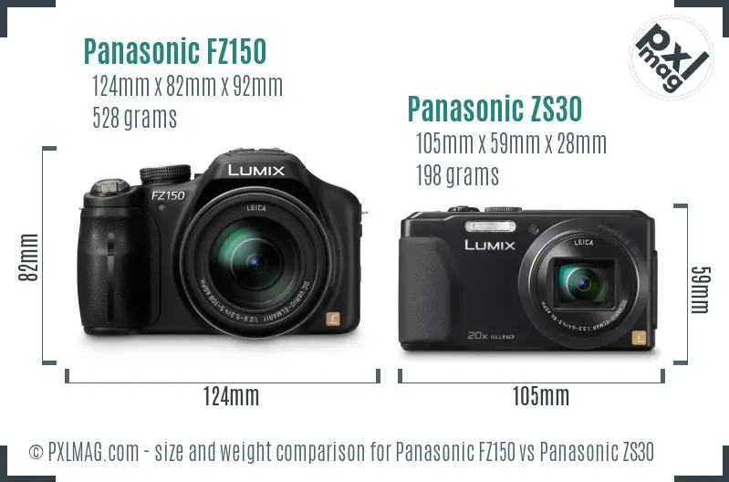 Panasonic FZ150 vs Panasonic ZS30 size comparison