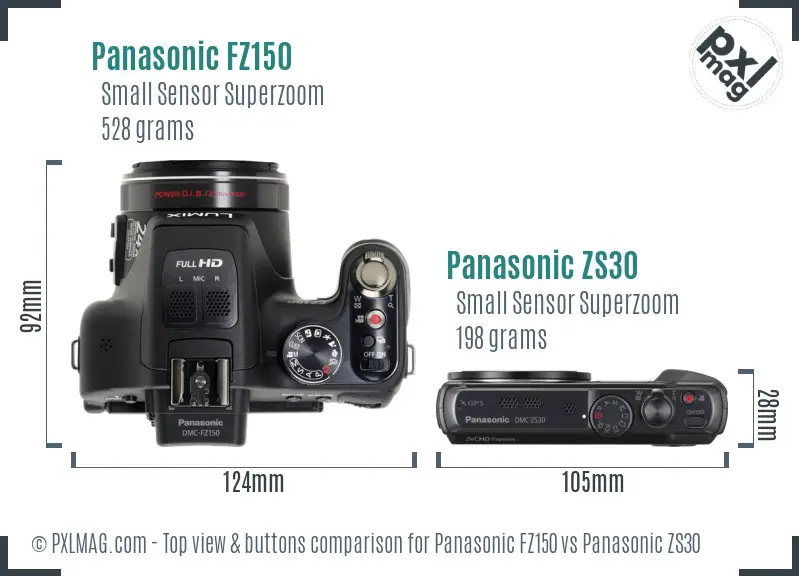 Panasonic FZ150 vs Panasonic ZS30 top view buttons comparison
