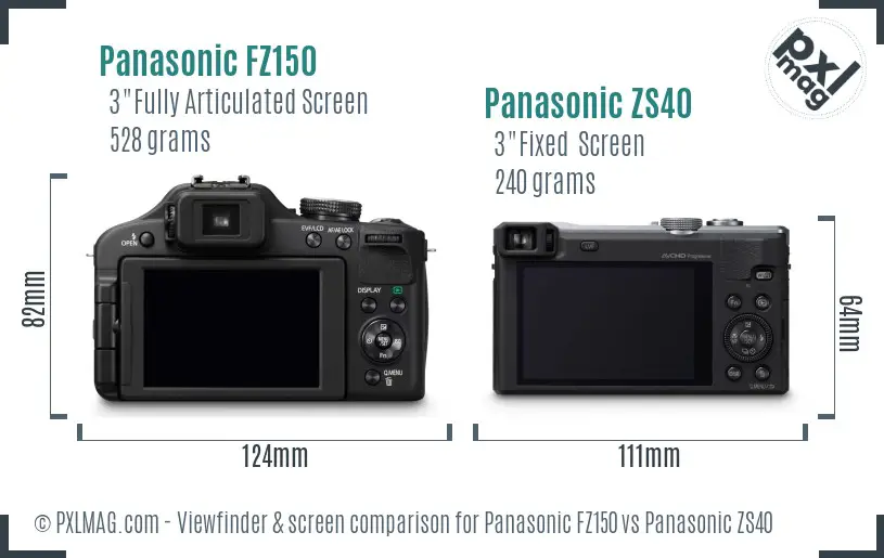 Panasonic FZ150 vs Panasonic ZS40 Screen and Viewfinder comparison