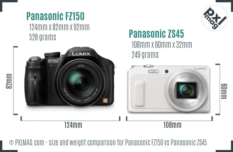 Panasonic FZ150 vs Panasonic ZS45 size comparison
