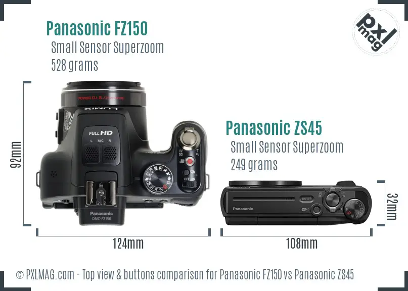 Panasonic FZ150 vs Panasonic ZS45 top view buttons comparison