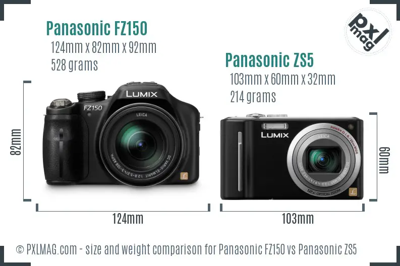 Panasonic FZ150 vs Panasonic ZS5 size comparison