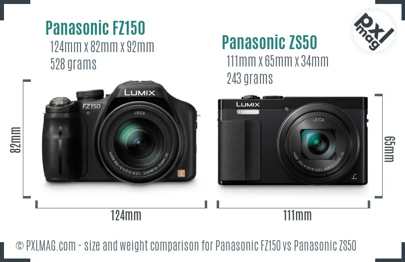 Panasonic FZ150 vs Panasonic ZS50 size comparison