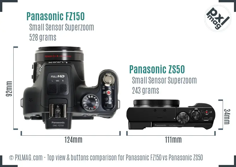 Panasonic FZ150 vs Panasonic ZS50 top view buttons comparison