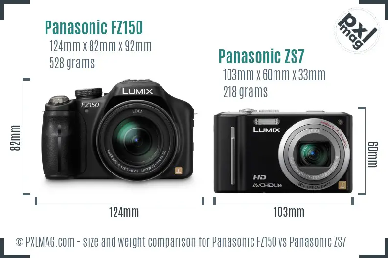 Panasonic FZ150 vs Panasonic ZS7 size comparison