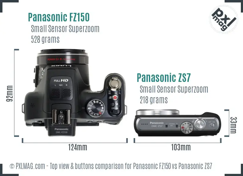 Panasonic FZ150 vs Panasonic ZS7 top view buttons comparison