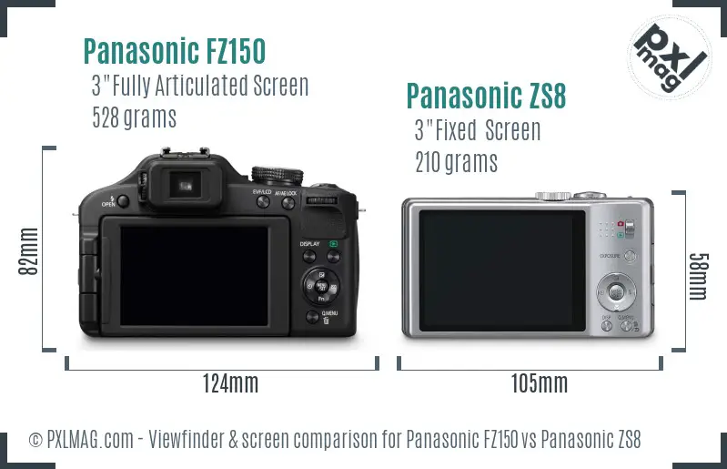 Panasonic FZ150 vs Panasonic ZS8 Screen and Viewfinder comparison