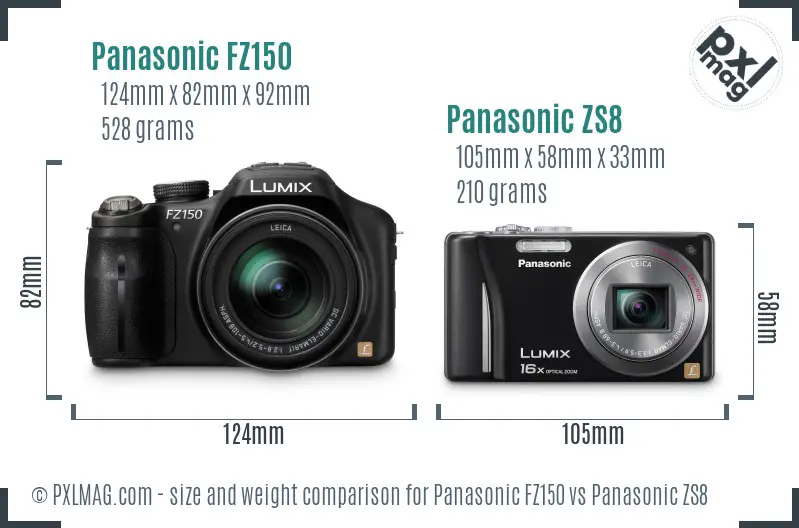 Panasonic FZ150 vs Panasonic ZS8 size comparison