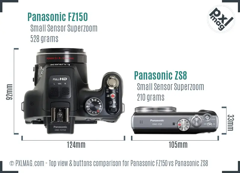 Panasonic FZ150 vs Panasonic ZS8 top view buttons comparison