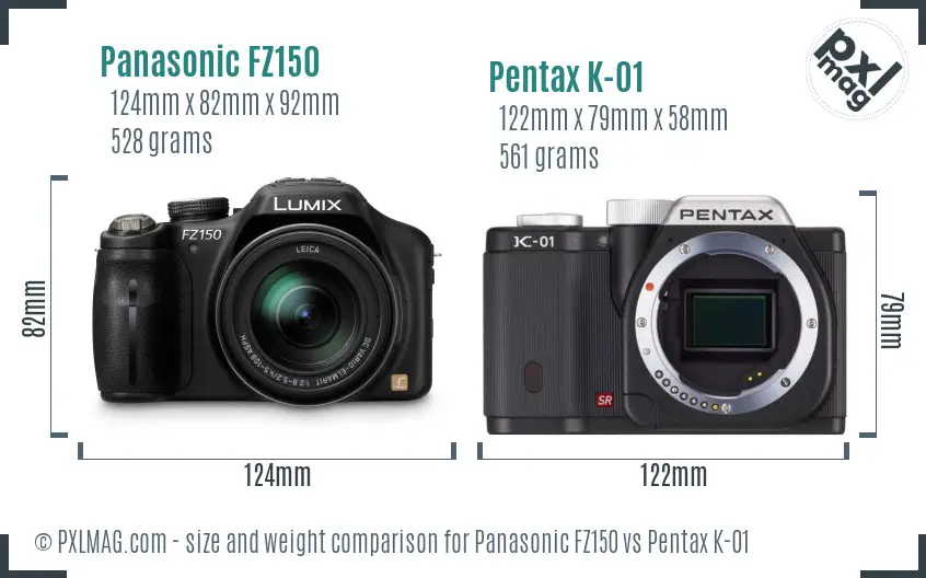 Panasonic FZ150 vs Pentax K-01 size comparison