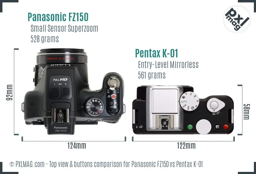 Panasonic FZ150 vs Pentax K-01 top view buttons comparison