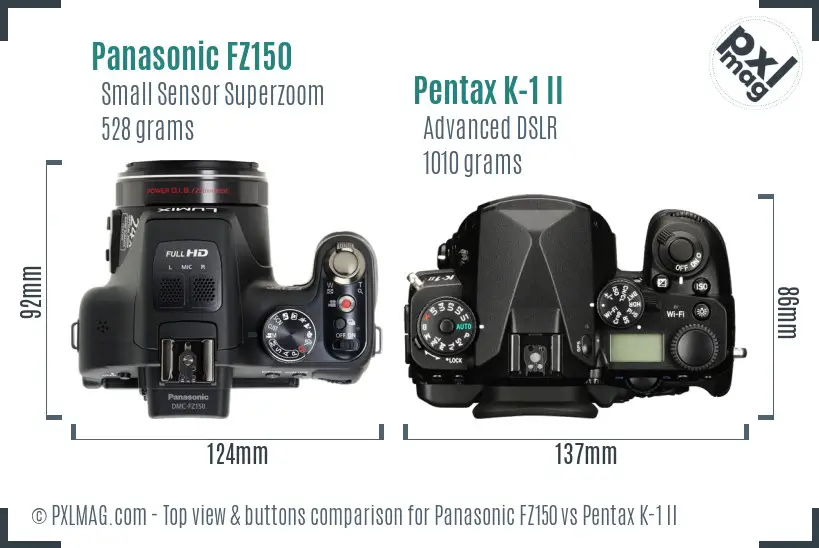 Panasonic FZ150 vs Pentax K-1 II top view buttons comparison