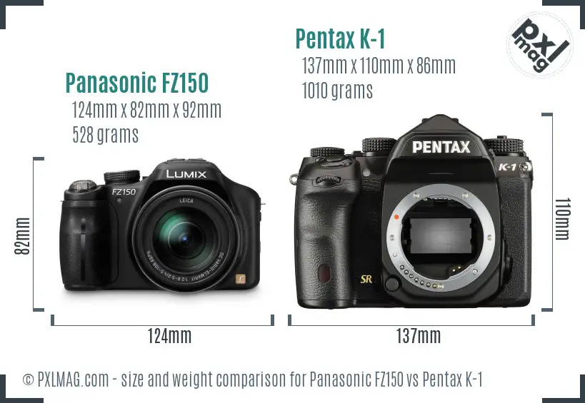 Panasonic FZ150 vs Pentax K-1 size comparison