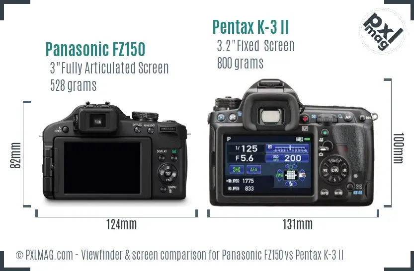 Panasonic FZ150 vs Pentax K-3 II Screen and Viewfinder comparison