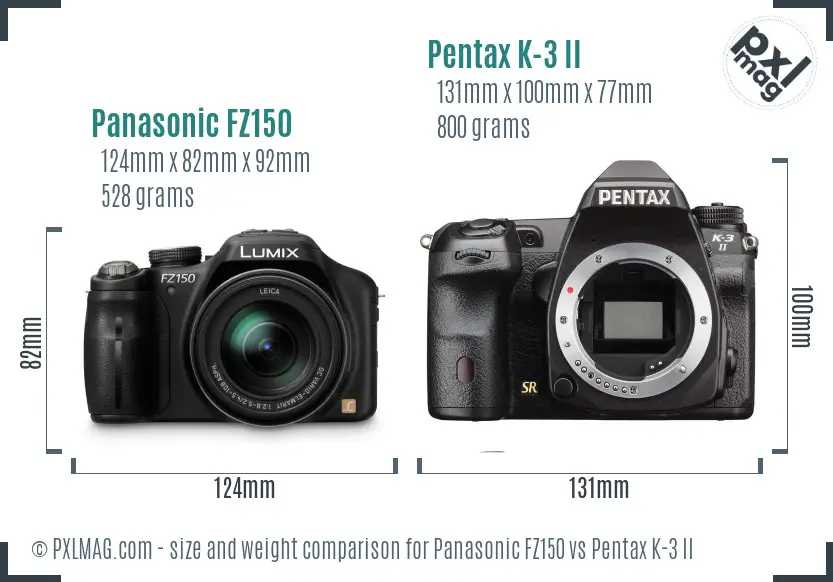 Panasonic FZ150 vs Pentax K-3 II size comparison