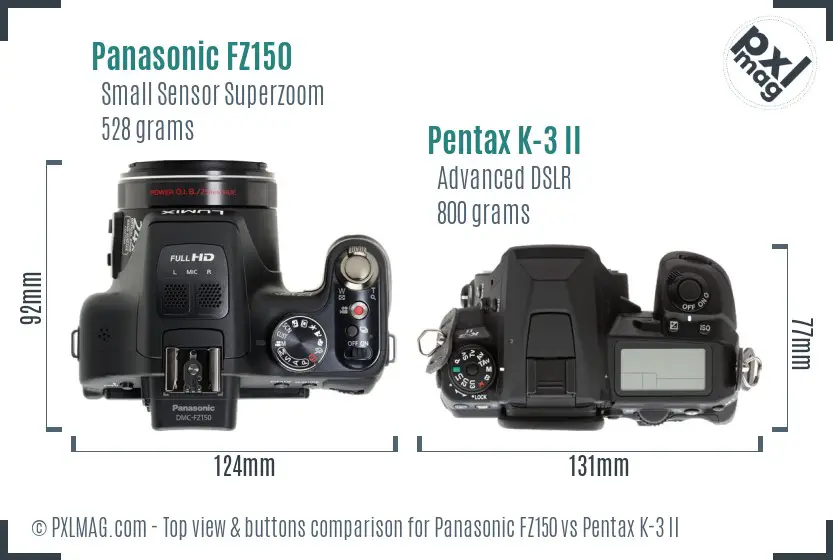 Panasonic FZ150 vs Pentax K-3 II top view buttons comparison