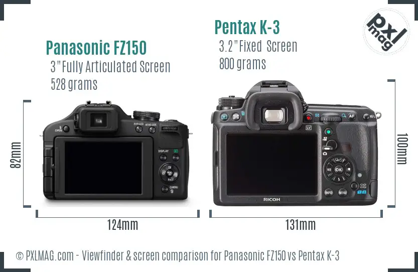 Panasonic FZ150 vs Pentax K-3 Screen and Viewfinder comparison
