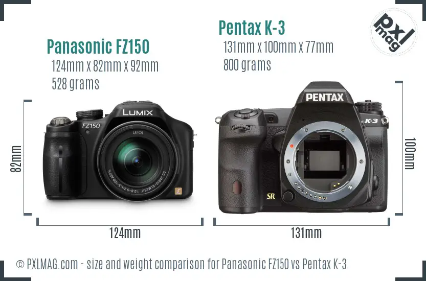 Panasonic FZ150 vs Pentax K-3 size comparison