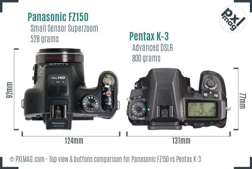 Panasonic FZ150 vs Pentax K-3 top view buttons comparison