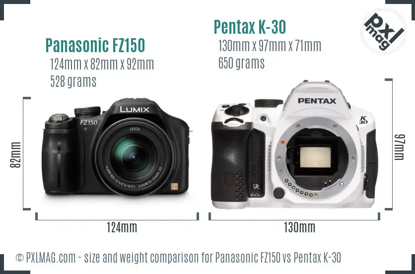 Panasonic FZ150 vs Pentax K-30 size comparison