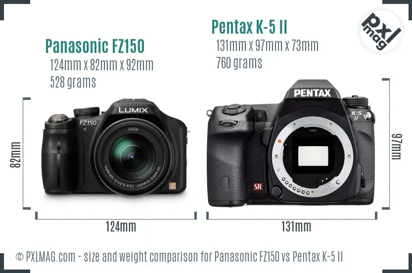 Panasonic FZ150 vs Pentax K-5 II size comparison