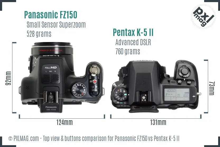 Panasonic FZ150 vs Pentax K-5 II top view buttons comparison