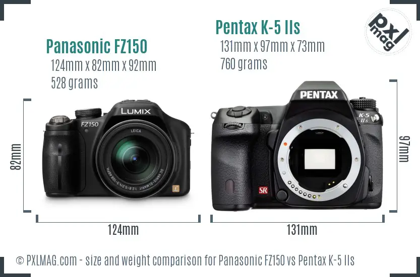 Panasonic FZ150 vs Pentax K-5 IIs size comparison