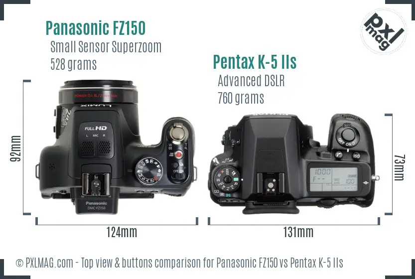 Panasonic FZ150 vs Pentax K-5 IIs top view buttons comparison