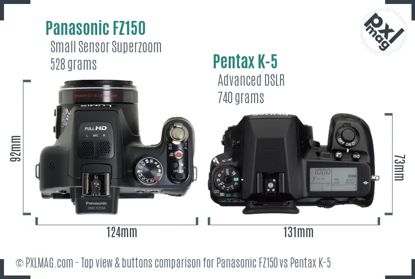 Panasonic FZ150 vs Pentax K-5 top view buttons comparison