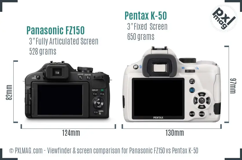 Panasonic FZ150 vs Pentax K-50 Screen and Viewfinder comparison