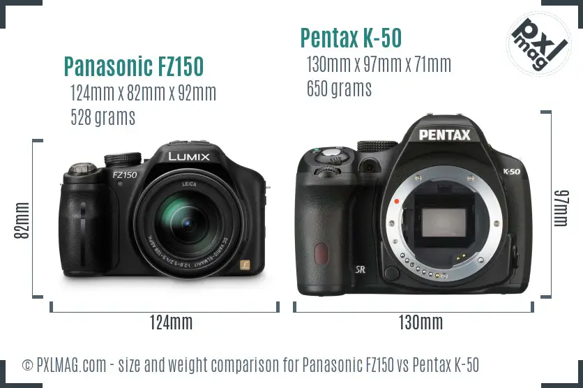 Panasonic FZ150 vs Pentax K-50 size comparison