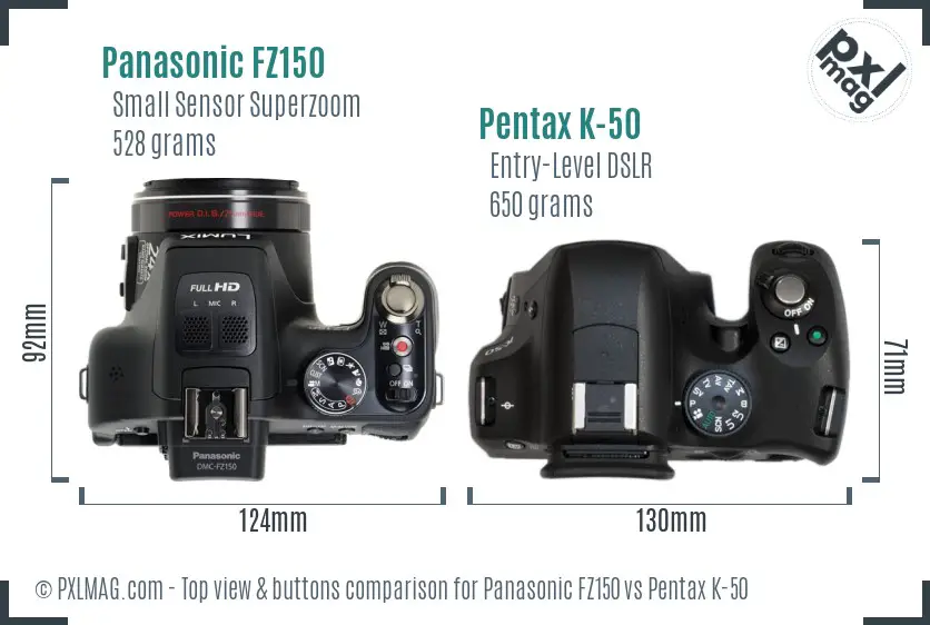 Panasonic FZ150 vs Pentax K-50 top view buttons comparison