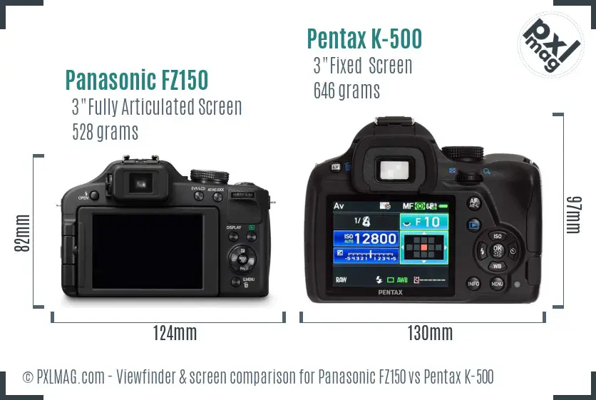 Panasonic FZ150 vs Pentax K-500 Screen and Viewfinder comparison