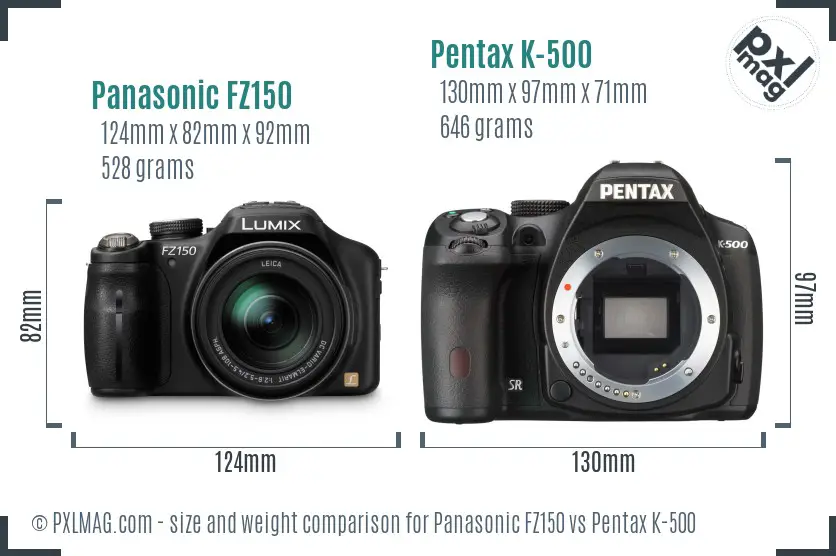 Panasonic FZ150 vs Pentax K-500 size comparison