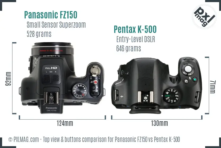 Panasonic FZ150 vs Pentax K-500 top view buttons comparison