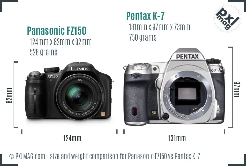 Panasonic FZ150 vs Pentax K-7 size comparison