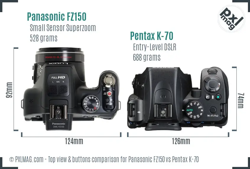 Panasonic FZ150 vs Pentax K-70 top view buttons comparison