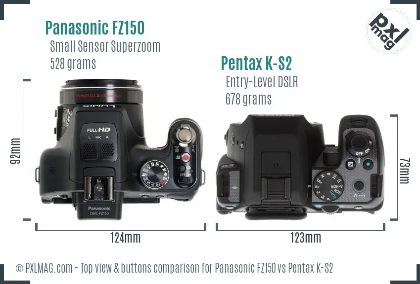 Panasonic FZ150 vs Pentax K-S2 top view buttons comparison