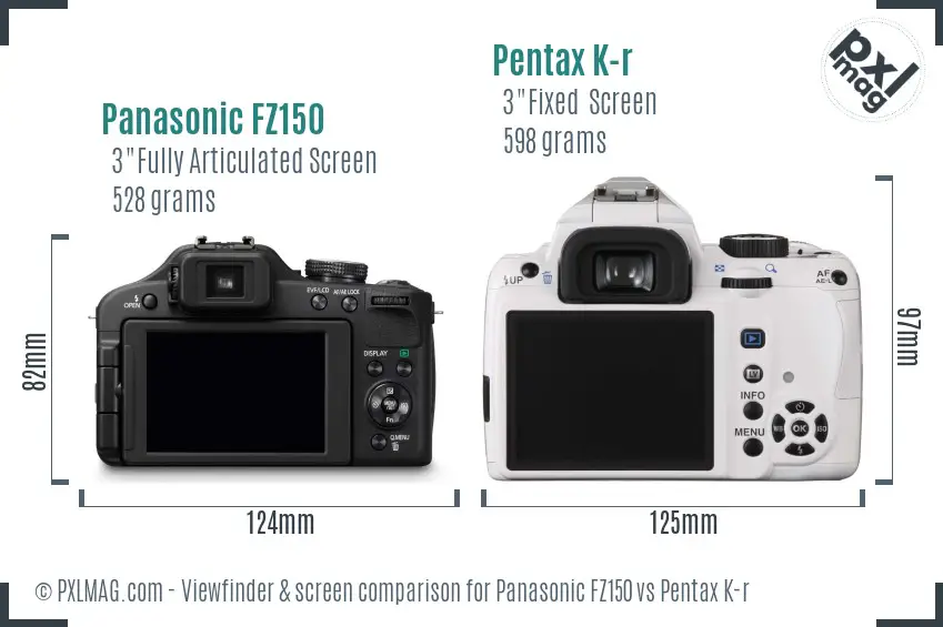 Panasonic FZ150 vs Pentax K-r Screen and Viewfinder comparison