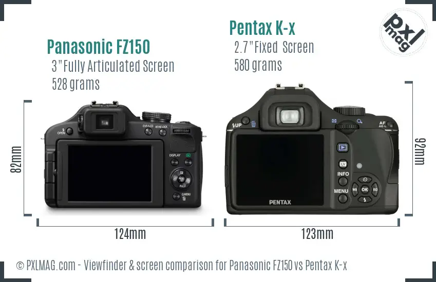 Panasonic FZ150 vs Pentax K-x Screen and Viewfinder comparison