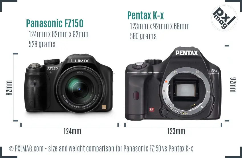 Panasonic FZ150 vs Pentax K-x size comparison