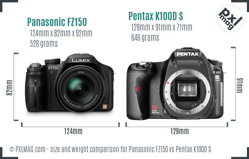 Panasonic FZ150 vs Pentax K100D S size comparison