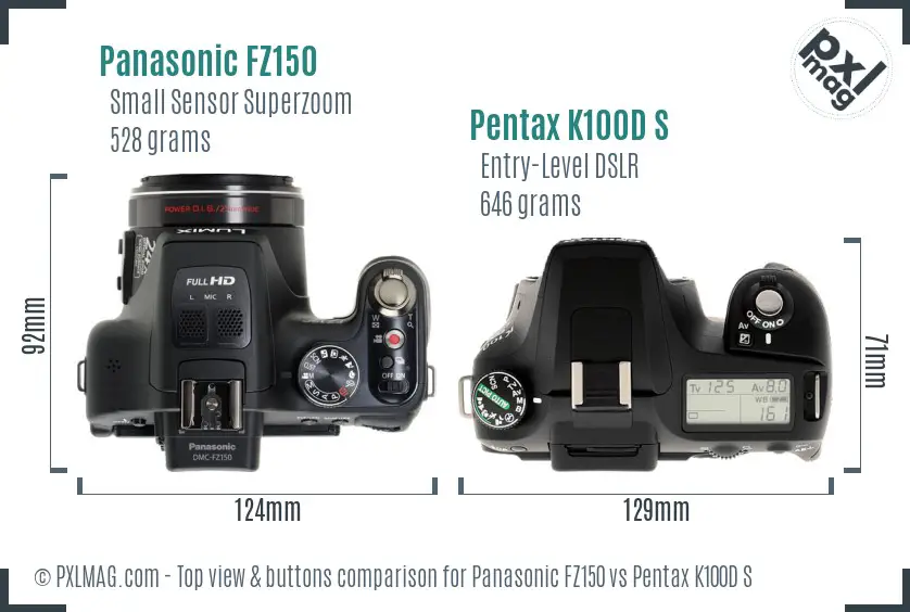 Panasonic FZ150 vs Pentax K100D S top view buttons comparison