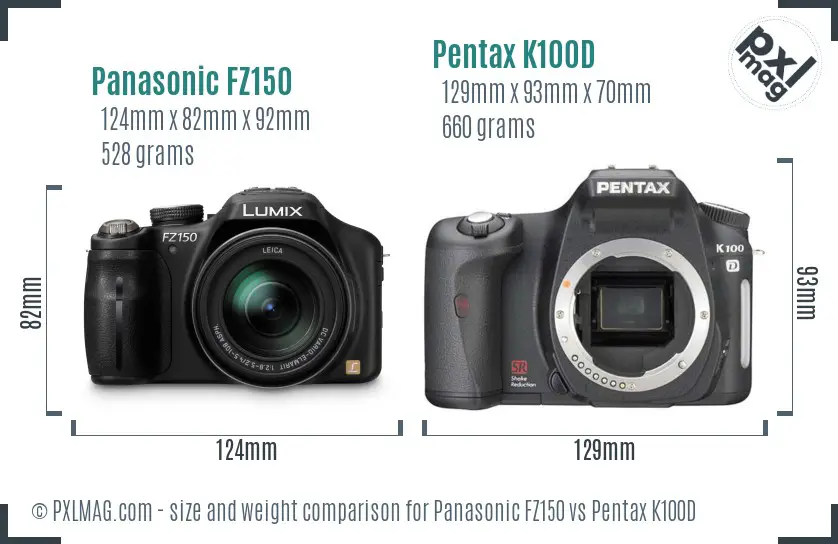 Panasonic FZ150 vs Pentax K100D size comparison
