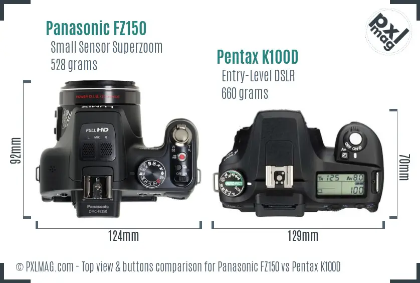 Panasonic FZ150 vs Pentax K100D top view buttons comparison