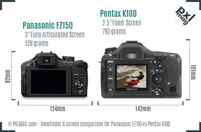 Panasonic FZ150 vs Pentax K10D Screen and Viewfinder comparison